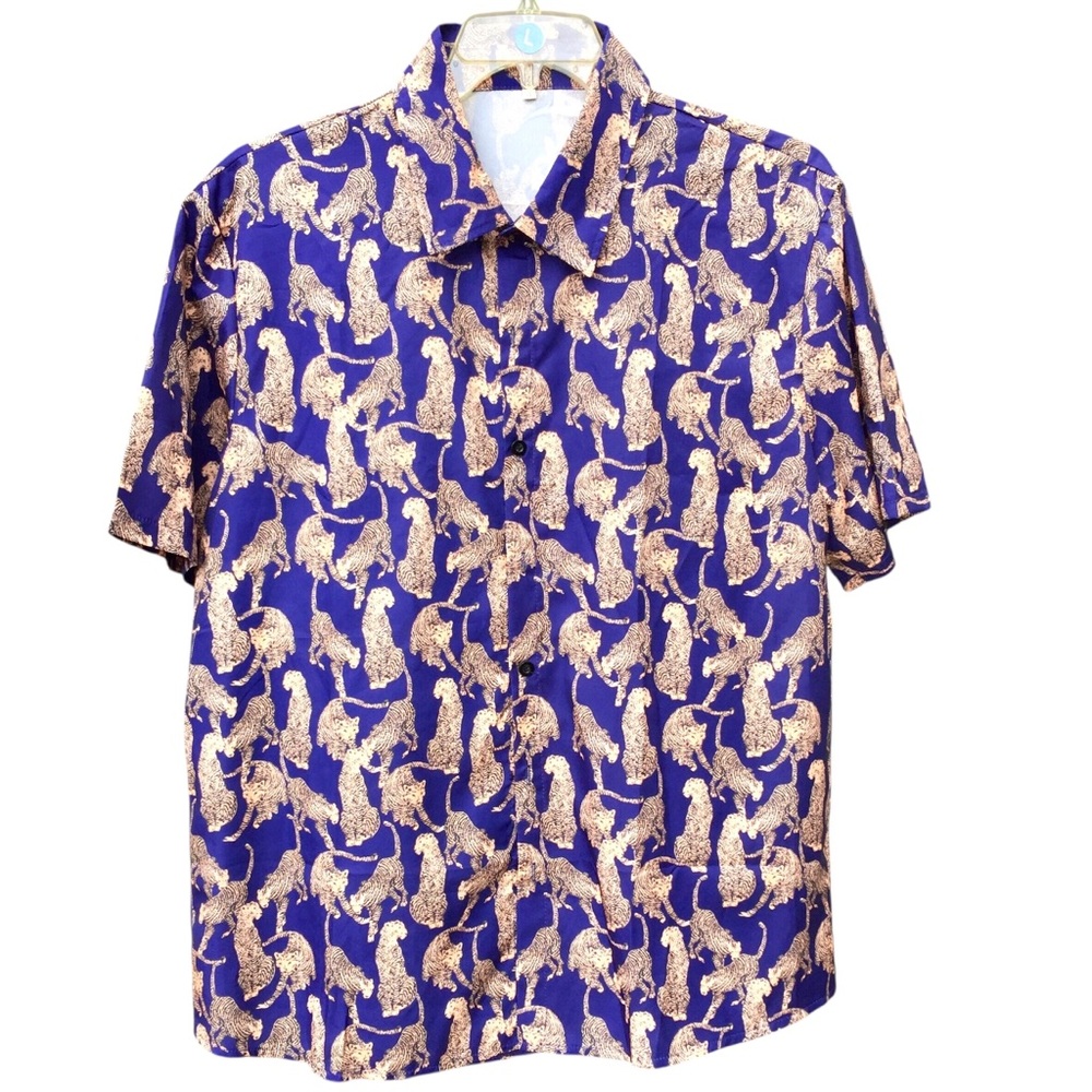 Men's Short Sleeve Leopard Print Shirt - Blue (XL)